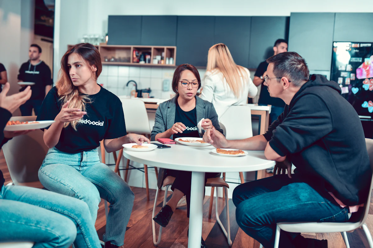 Team gathered around a table at the office