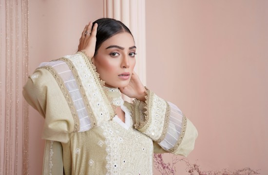 A person with long dark hair wearing an elegant, intricately designed outfit, featuring embroidered patterns and sheer fabric accents. The individual is striking a pose with one hand on their head in a softly lit setting with a neutral-colored background.