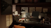 A cozy workspace featuring stationery items and a laptop.
