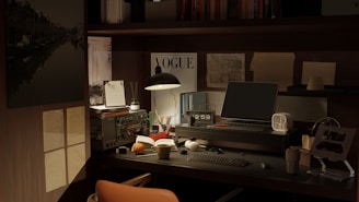 A cozy workspace with personal mementos and a laptop showing a timeline.