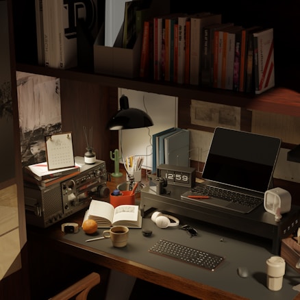 A neatly organized desk filled with various items including a laptop on a stand, an open book, a cup of coffee, headphones, and a desk lamp. A vintage radio and a collection of books are situated on the left, accompanied by a small calendar and art supplies. The workspace is well-lit, showcasing a combination of modern and vintage elements.