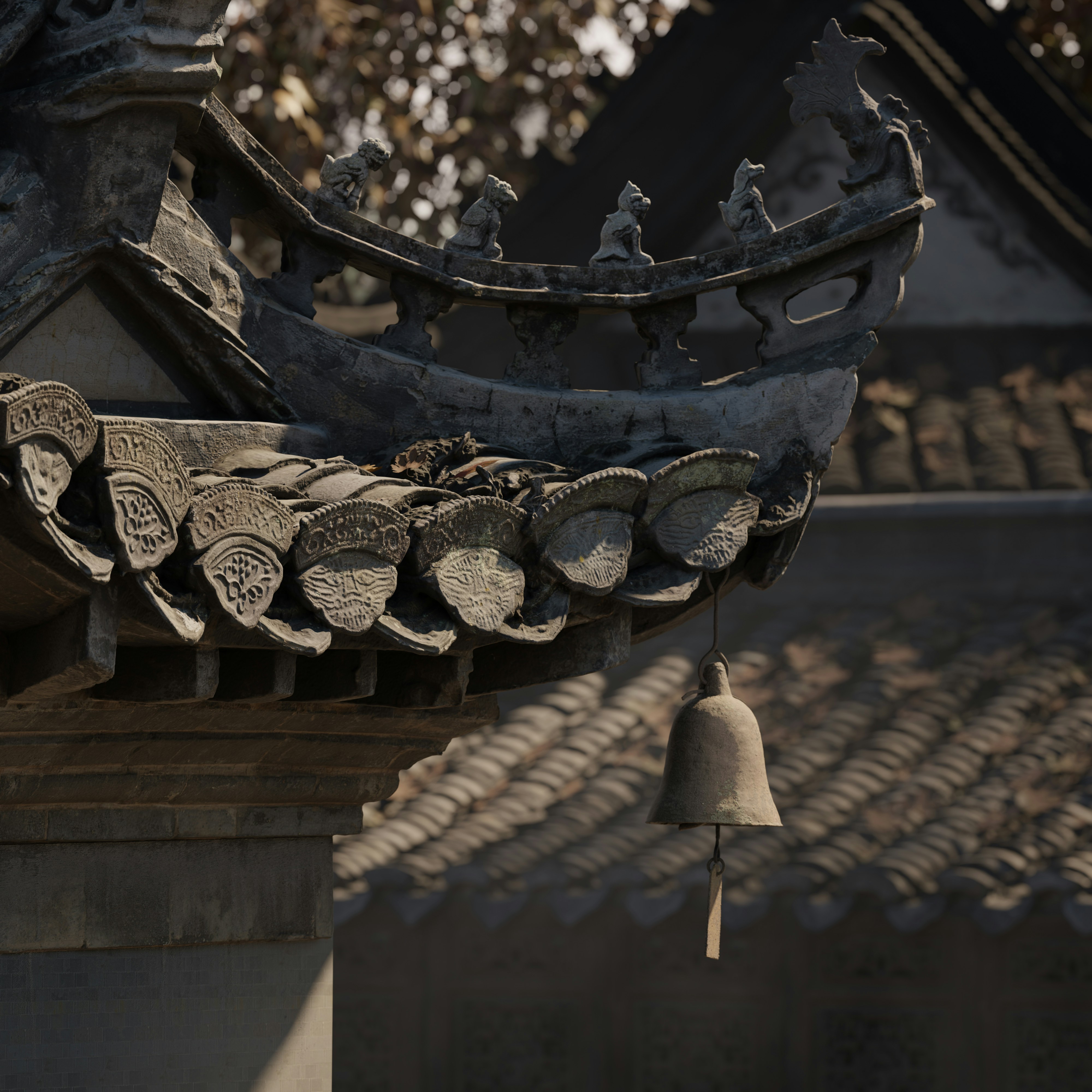 a bell hanging from the roof of a building