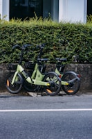 Two electric bicycles are parked side by side on the sidewalk next to a low, dense hedge. The bicycles are sleek and modern, predominantly green with black accents. The area appears clean and quiet, with a road visible in the foreground.
