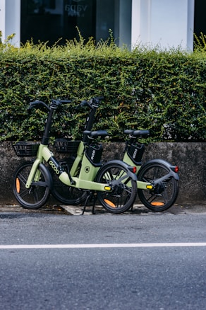 Two electric bicycles are parked side by side on the sidewalk next to a low, dense hedge. The bicycles are sleek and modern, predominantly green with black accents. The area appears clean and quiet, with a road visible in the foreground.