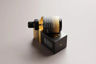 Close-up of Height Veda™ bottle with black and gold premium packaging on a natural wooden surface