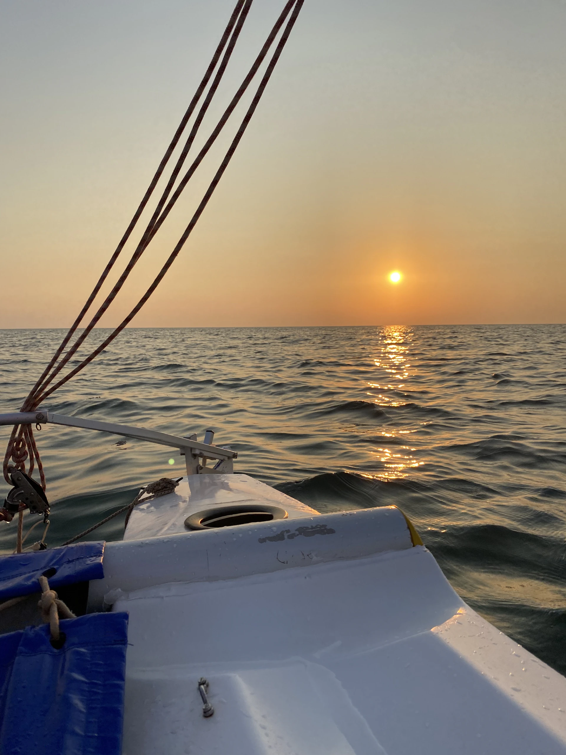 A vibrant sunset casting golden hues over the deck of the sailboat, with Alan and a local sustainability expert sharing a laugh.