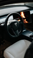 A close-up view of a Tesla car interior featuring a steering wheel with the Tesla logo. The dashboard screen displays a realistic image of a burning fireplace, creating a cozy and modern ambiance. The seat is upholstered in white leather.