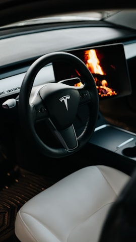 A close-up view of a Tesla car interior featuring a steering wheel with the Tesla logo. The dashboard screen displays a realistic image of a burning fireplace, creating a cozy and modern ambiance. The seat is upholstered in white leather.