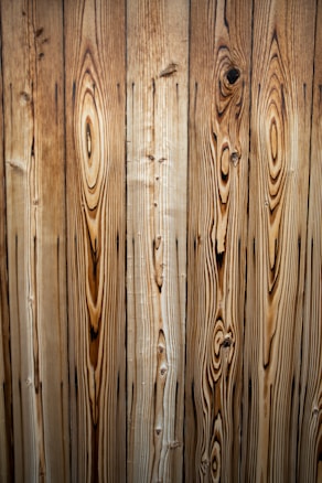 Vertical wooden planks with distinct grain patterns and knots, featuring a natural and rustic appearance.