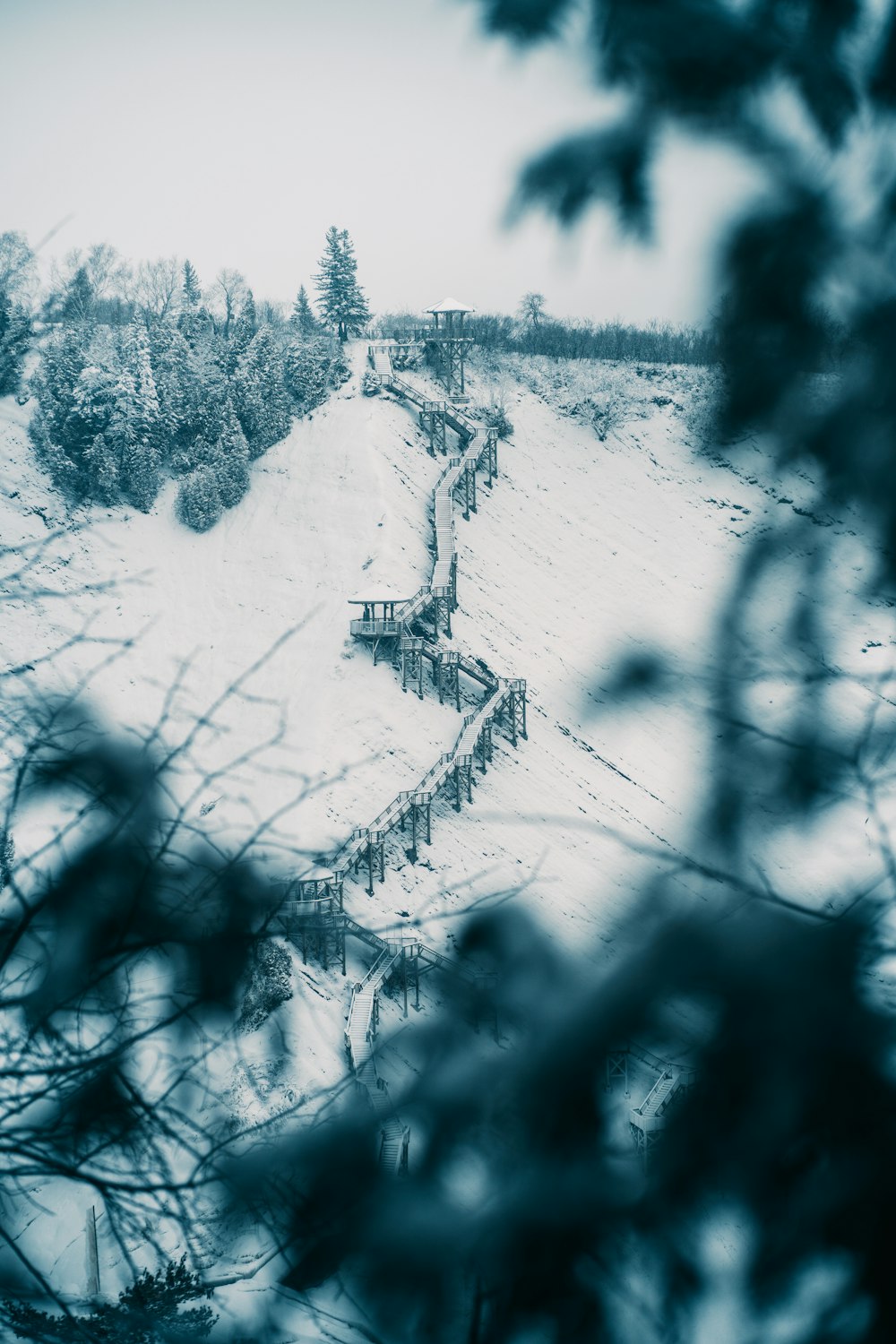 a snow covered field with a fence and trees