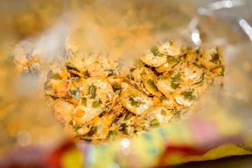 Close-up of a branded chip bag with a unique regional design.