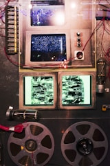 A vintage piece of machinery features multiple screens displaying abstract patterns, surrounded by various buttons, switches, and wires. Two large film reels are positioned at the bottom, adding to the retro technological aesthetic. The overall setup suggests an analog device possibly from the mid-20th century.