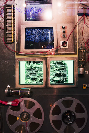 A vintage film reel intertwined with digital code streams representing AI technology.