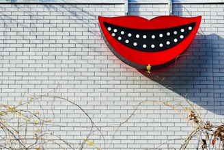 A large, red, stylized smile sign is mounted on a white brick wall. The smile is cartoon-like with prominent white dots representing teeth. Vines and dried plants are visible at the bottom of the wall.