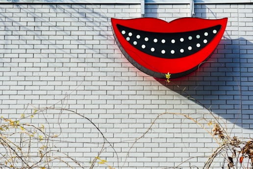 A large, red, stylized smile sign is mounted on a white brick wall. The smile is cartoon-like with prominent white dots representing teeth. Vines and dried plants are visible at the bottom of the wall.