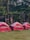Red and white tents are set up on a grassy area near a wooded backdrop. The tents are arranged in a line, in front of rustic wooden cabins. String lights are hung between trees, creating a cozy atmosphere among the lush green foliage.