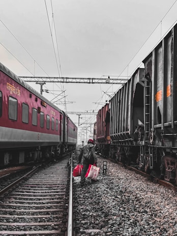 A lone person carrying red bags walks between two stationary trains on a railway track. The sky is overcast, and the scene appears to be set in an industrial or urban area. The tracks are lined with gravel, and electrical wires are overhead.