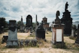 An ancient cemetery with various ornate tombstones and monuments spread across a grassy area. The sky is overcast, adding a somber, atmospheric touch to the scene. Statues and towering structures hint at historical significance, with a variety of textures and architectural styles evident in the grave markers.