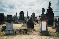 An ancient cemetery with various ornate tombstones and monuments spread across a grassy area. The sky is overcast, adding a somber, atmospheric touch to the scene. Statues and towering structures hint at historical significance, with a variety of textures and architectural styles evident in the grave markers.