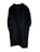 A long black coat featuring a minimalist design with a single-breasted button closure. The coat has two large front pockets and appears to be made of a heavy fabric suitable for colder weather.