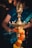 A traditional brass oil lamp adorned with marigold flowers stands prominently, with a lit wick illuminating its surroundings. In the background, a person is visible, though out of focus, wearing a blue garment.