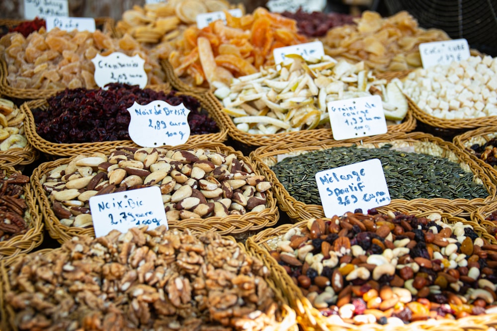 a variety of nuts and dried fruits for sale