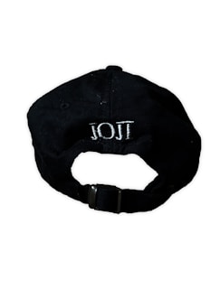 A black baseball cap viewed from the back, featuring adjustable strap with a metal clasp and white embroidered text.