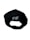 A black baseball cap viewed from the back, featuring adjustable strap with a metal clasp and white embroidered text.