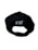 A black baseball cap viewed from the back, featuring adjustable strap with a metal clasp and white embroidered text.