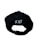 A black baseball cap viewed from the back, featuring adjustable strap with a metal clasp and white embroidered text.