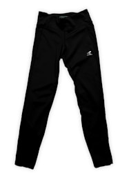 A pair of black athletic pants with a logo on the upper thigh area. The pants have a sleek design with a high waistband.