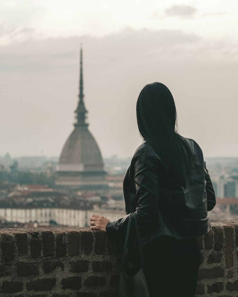 a woman standing on top of a brick wall