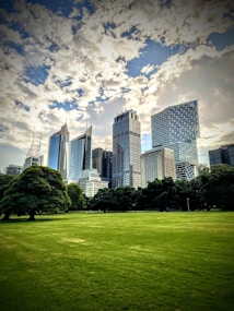 A vibrant green park stretches across the foreground with a backdrop of modern skyscrapers under a partly cloudy sky. The contrast between the natural setting and the urban skyline creates a striking visual. The grass appears lush and well-maintained, while the tall buildings feature a mix of glass and steel designs, showcasing contemporary architecture. Puffy white clouds are scattered across the blue sky, adding depth to the scene.