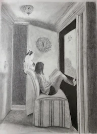 A simple drawing of a cozy house with a person meditating on the porch and a dog sitting peacefully beside them.