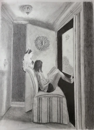 A simple drawing of a cozy house with a person meditating on the porch and a dog sitting peacefully beside them.