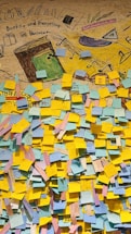 A colorful wall filled with numerous sticky notes of various colors, predominantly yellow, blue, and pink. Above the notes, there is a mural featuring drawings of books, musical notes, and other stationery items. The text 'Books, and Everything in Between' is visible within the mural.