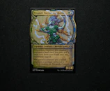 A colorful trading card featuring a dynamic battle scene with Blaziken.