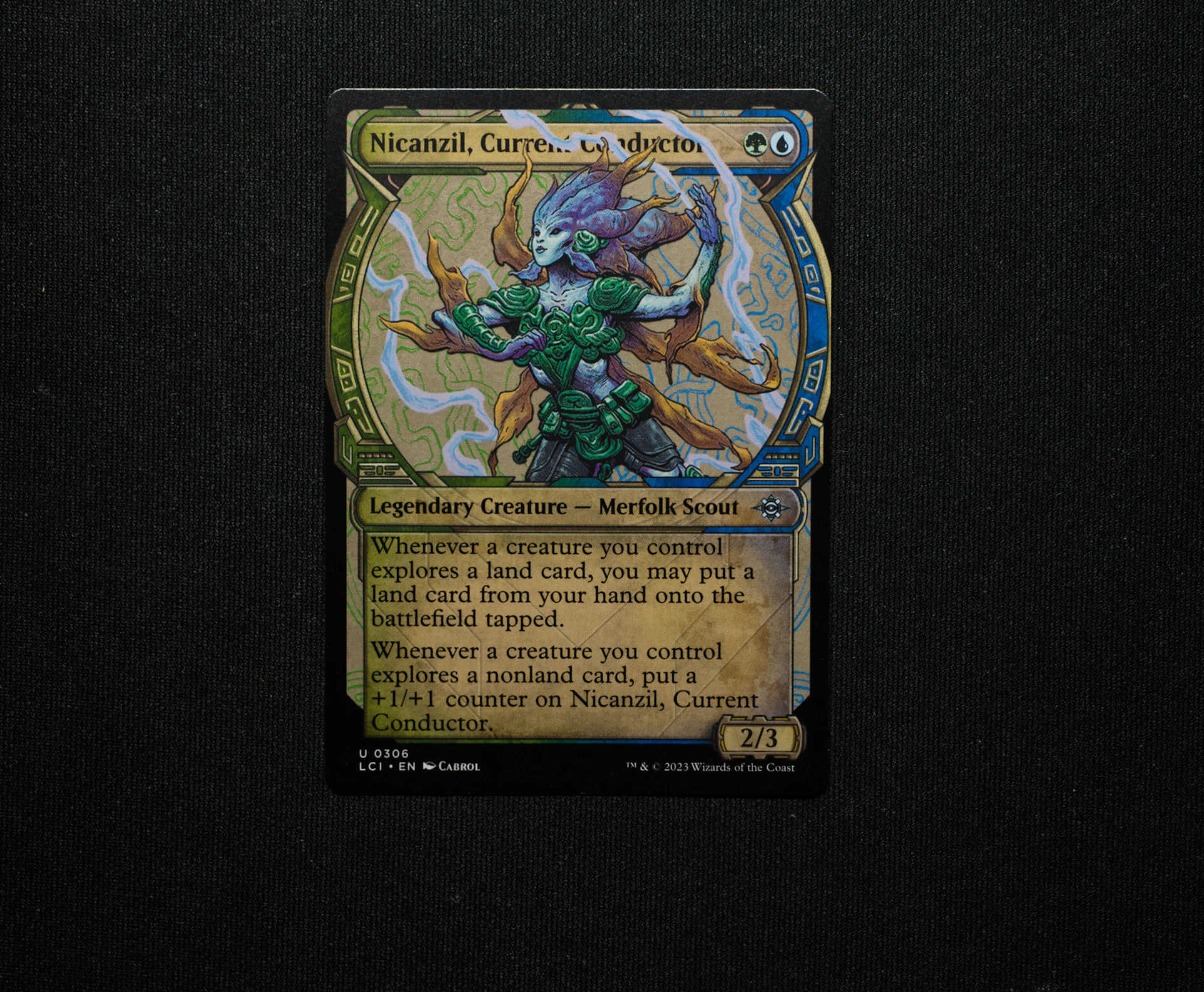 A vibrant trading card featuring a wild, exaggerated portrait of a global pop kid with neon colors and bold black outlines, framed in a thick electric blue border.