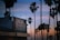 A Sidewalk Market sign is displayed prominently. A few birds are flying near the market's structure, while tall palm trees create silhouettes against a sunset sky with shades of blue, pink, and orange. The scene has a tranquil and picturesque coastal feel.
