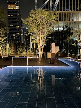 A night-time scene featuring a rooftop pool with calm, reflective water. The poolside area is surrounded by trees and illuminated by soft, ambient lighting. In the background, tall buildings with lit windows are visible, along with construction cranes indicating ongoing development.