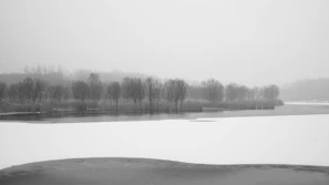 A serene lakeside meditation session with soft snow falling gently.