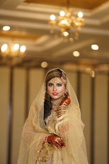 A bride adorned in a traditional gold outfit with intricate jewelry, including a headpiece and earrings, standing in an elegantly decorated indoor setting. Her hands and arms are decorated with henna, and she wears a delicate veil that partially covers her face. The background features warm lighting with chandeliers, enhancing the opulent atmosphere.