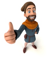A cartoon character with a large smile giving a thumbs up. The character wears a brown hat, an orange scarf, and a blue tunic with light pants and brown shoes. A small pouch is attached to a belt around the waist.