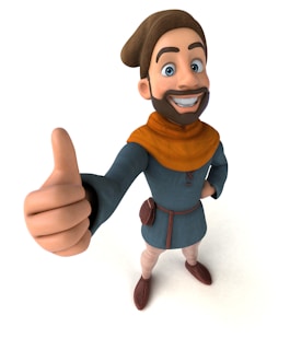 A cartoon character with a large smile giving a thumbs up. The character wears a brown hat, an orange scarf, and a blue tunic with light pants and brown shoes. A small pouch is attached to a belt around the waist.