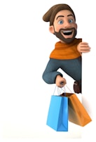 A friendly animated character holding a magnifying glass over a holiday shopping website.