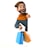 A cartoon character with a joyful expression, wearing a brown hat and an orange scarf, holds blue and orange shopping bags while peeking from behind a white background.