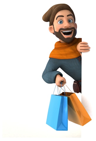 A cartoon character with a joyful expression, wearing a brown hat and an orange scarf, holds blue and orange shopping bags while peeking from behind a white background.
