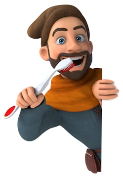 A cartoon character with a beard, wearing a brown hat and orange scarf, is enthusiastically brushing its teeth with a large toothbrush. The character has a joyful expression, and part of its body is hidden behind a white surface.