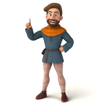 A cheerful animated character with a beard, dressed in medieval attire including a blue tunic with an orange scarf, beige tights, a brown belt, and brown shoes. The character is smiling and pointing upwards with one finger.