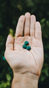 Close-up of hands holding a handful of natural capsules with green leaves in the background.